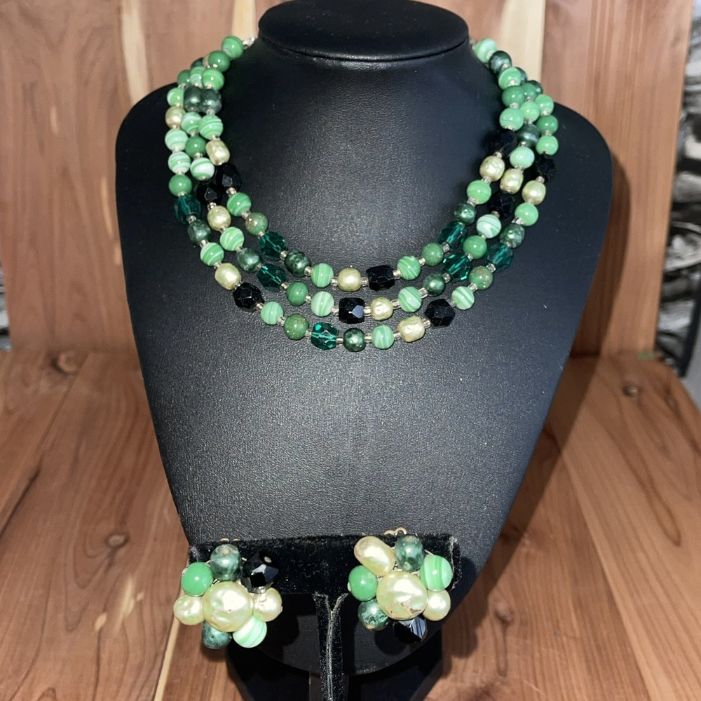 Vintage Layered Necklace Signed Japan Green Lime Cotton Beads 3 Stand Shimmery